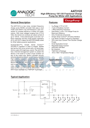 AAT3122ITP-T1 datasheet - High Efficiency 1X/1.5X Fractional Charge Pump for White LED Applications