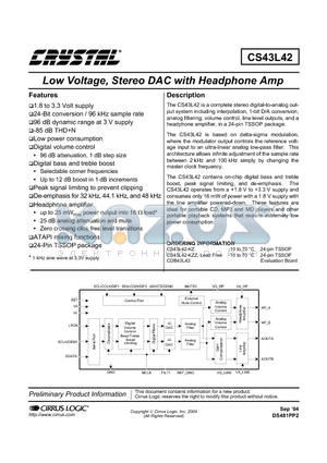 CDB43L42 datasheet - Low Voltage,Stereo DAC With Headphone Amp