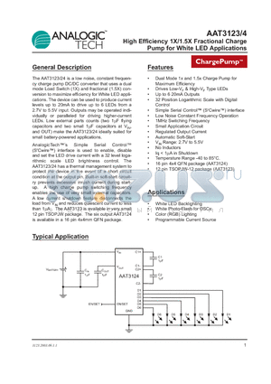 AAT3123ITP-20-T1 datasheet - High Efficiency 1X/1.5X Fractional Charge Pump for White LED Applications