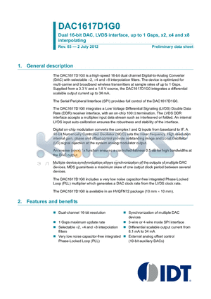 DAC1617D1G0HN datasheet - Dual 16-bit DAC, LVDS interface, up to 1 Gsps, x2, x4 and x8 interpolating