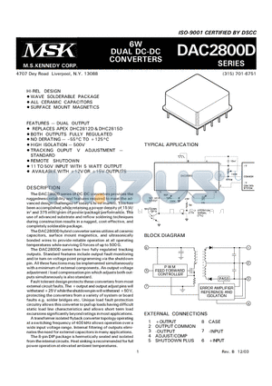 DAC2800D datasheet - 6W DUAL DC - DC CONVERTERS