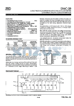 DAC20CP datasheet - 2 - DIGIT BCD HIGH - SPEED MULTIPLYING D / A CONVERTER ( UNIVERSAL DIGITAL LOGIC INTERFACE )