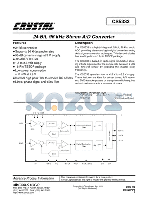 CDB5333 datasheet - 24-Bit, 96 kHz Stereo A/D Converter