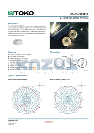 DAC2450CT1T datasheet - 2.45 GHZ DIELECTRIC ANTENNA