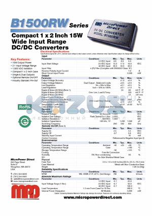 B1511RW datasheet - Compact 1 x 2 Inch 15W Wide Input Range DC/DC Converters