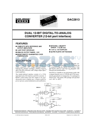 DAC2813 datasheet - DUAL 12-BIT DIGITAL-TO-ANALOG CONVERTER 12-bit port interface