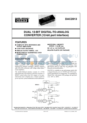 DAC2813AP datasheet - DUAL 12-BIT DIGITAL-TO-ANALOG CONVERTER 12-bit port interface