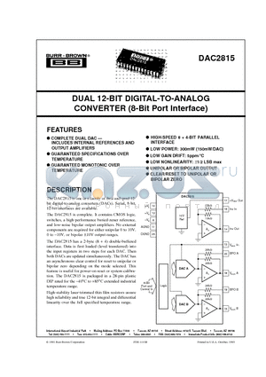 DAC2815BP datasheet - DUAL 12-BIT DIGITAL-TO-ANALOG CONVERTER 8-Bit Port Interface