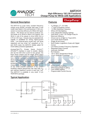 AAT3131ITP-T1 datasheet - High Efficiency 1X/1.5X Fractional Charge Pump for White LED Applications