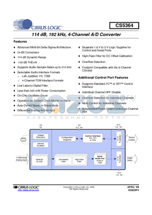 CDB5364 datasheet - 114 dB, 192 kHz, 4-Channel A/D Converter