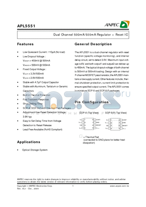 APL5551 datasheet - Dual Channel 500mA/500mA Regulator  Reset IC