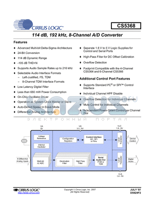 CDB5368 datasheet - 114 dB, 192 kHz, 8-Channel A/D Converter