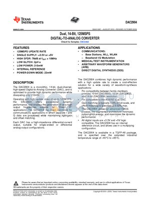 DAC2904Y/1K datasheet - Dual, 14-Bit, 125MSPS DIGITAL-TO-ANALOG CONVERTER