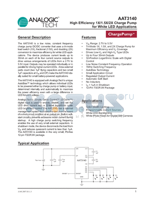 AAT3140ITP-T1 datasheet - High Efficiency 1X/1.5X/2X Charge Pump for White LED Applications