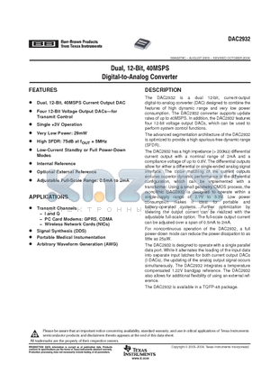 DAC2932PFBR datasheet - DUAL 12-BIT 40MSPS DIGITAL TO ANALOG CONVERTER