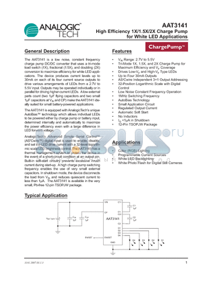 AAT3141ITP-T1 datasheet - High Efficiency 1X/1.5X/2X Charge Pump for White LED Applications