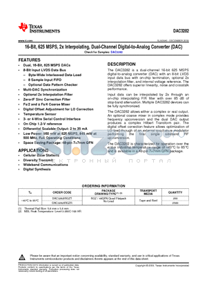 DAC3282 datasheet - 16-Bit, 625 MSPS, 2x Interpolating, Dual-Channel Digital-to-Analog Converter (DAC)