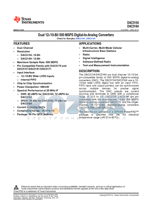 DAC3154 datasheet - Dual 12-/10-Bit 500 MSPS Digital-to-Analog Converters