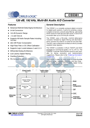 CDB5381 datasheet - 120 dB, 192 kHz, Multi-Bit Audio A/D Converter