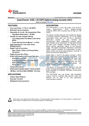 DAC34H84 datasheet - Quad-Channel, 16-Bit, 1.25 GSPS Digital-to-Analog Converter (DAC)