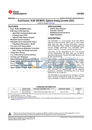 DAC3283 datasheet - Dual-Channel, 16-Bit, 800 MSPS, Digital-to-Analog Converter (DAC)