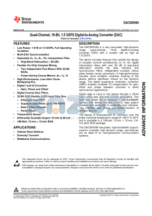 DAC34SH84 datasheet - Quad-Channel, 16-Bit, 1.5 GSPS Digital-to-Analog Converter (DAC)