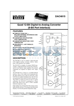 DAC4815BP datasheet - Quad 12-Bit Digital-to-Analog Converter 8-Bit Port Interface