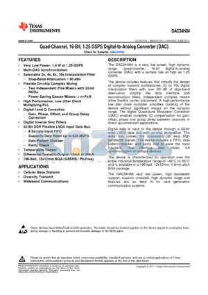 DAC34H84IZAY datasheet - Quad-Channel, 16-Bit, 1.25 GSPS Digital-to-Analog Converter (DAC)