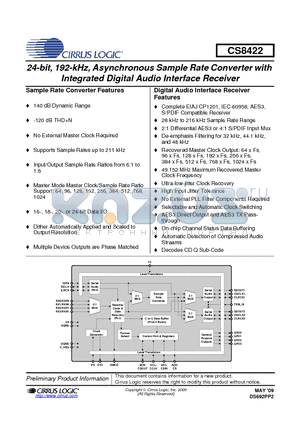 CDB8422 datasheet - 24-bit, 192-kHz, Asynchronous Sample Rate Converter with Integrated Digital Audio Interface Receiver