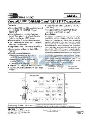 CDB8952 datasheet - CrystalLAN 100BASE-X and 10BASE-T Transceiver