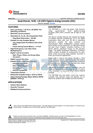 DAC3484IRKDT datasheet - Quad-Channel, 16-Bit, 1.25 GSPS Digital-to-Analog Converter (DAC)