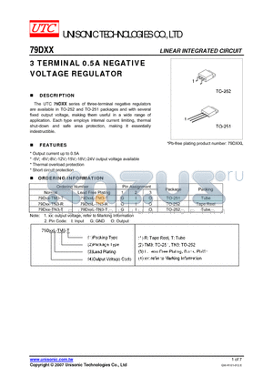 79DXX-TN3-R datasheet - 3 TERMINAL 0.5A NEGATIVE VOLTAGE REGULATOR