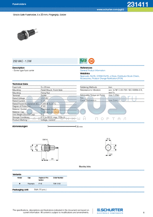 231411 datasheet - Shock-Safe Fuseholder, 5 x 20 mm, Fingergrip, Solder