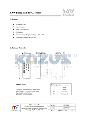 231501B datasheet - SAW Bandpass Filter