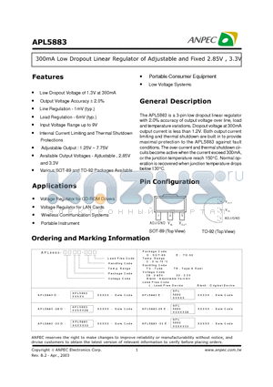 APL5883-33DC-TR datasheet - 300MA LAW DROPOUT LINEAR REGULATOR OF ADJUSTABLE AND FIXED 2.85V, 3.3V