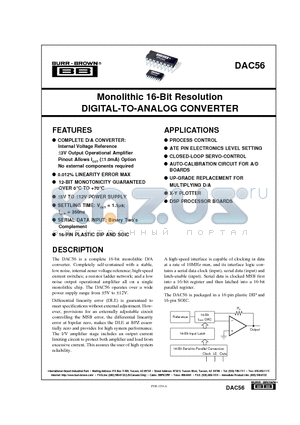 DAC56 datasheet - Monolithic 16-Bit Resolution DIGITAL-TO-ANALOG CONVERTER