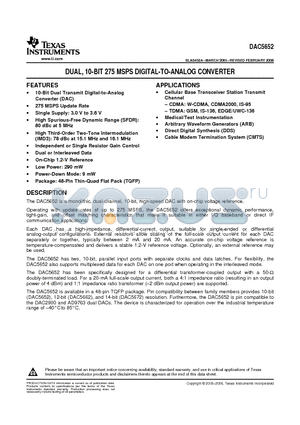 DAC5652 datasheet - DUAL, 10-BIT 275 MSPS DIGITAL-TO-ANALOG CONVERTER