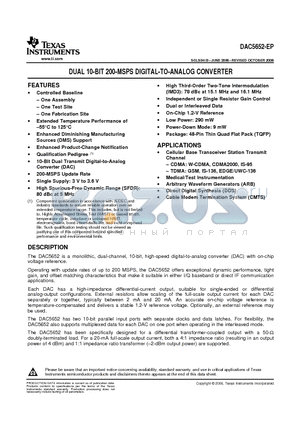 DAC5652-EP datasheet - DUAL 10-BIT 200-MSPS DIGITAL-TO-ANALOG CONVERTER