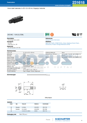 231618 datasheet - Shock-Safe Fuseholder, 5 x 20 / 6.3 x 32 mm, Fingergrip, horizontal