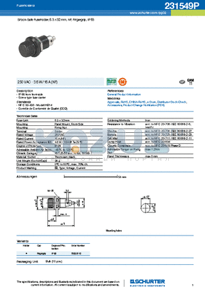 231549P datasheet - Shock-Safe Fuseholder, 6.3 x 32 mm, NF, Fingergrip, IP 68