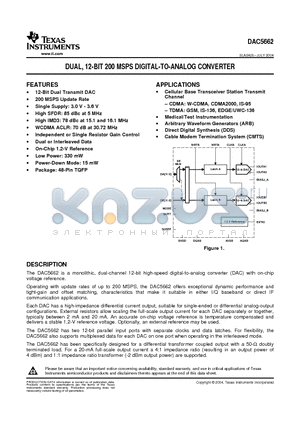 DAC5662IPFB datasheet - DUAL, 12-BIT 200 MSPS DIGITAL-TO-ANALOG CONVERTER