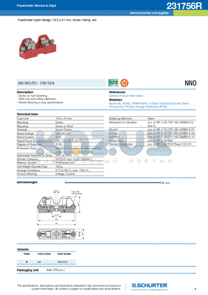 231756R datasheet - Fuseholder Open Design, 14.3 x 51 mm, Screw Clamp, red