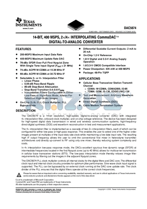 DAC5674 datasheet - 14-BIT, 40 MSPS, 2x/4x INTERPOLATING CommsDAC DIGITAL-TO-ANALOG CONVERTER