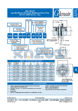 232-103-H7FT12 datasheet - Jam Nut Mount Hermetic Bulkhead Feed-Thru