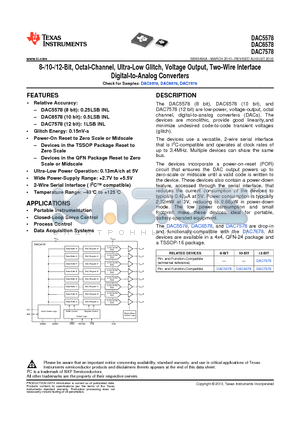 DAC5578SRGER datasheet - 8-/10-/12-Bit, Octal-Channel, Ultra-Low Glitch, Voltage Output, Two-Wire Interface Digital-to-Analog Converters