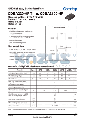 CDBA280-HF datasheet - SMD Schottky Barrier Rectifiers