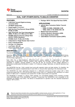 DAC5672AIPFBR datasheet - DUAL,14-BIT 275 MSPS DIGITAL-TO-ANALOG CONVERTER