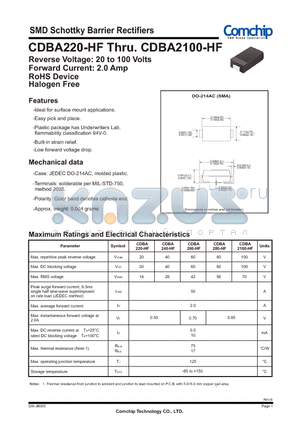 CDBA220-HF datasheet - SMD Schottky Barrier Rectifiers