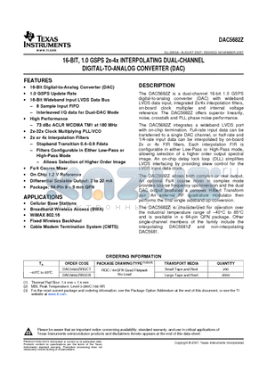 DAC5682Z datasheet - 16-BIT, 1.0 GSPS 2x-4x INTERPOLATING DUAL-CHANNEL DIGITAL-TO-ANALOG CONVERTER (DAC)