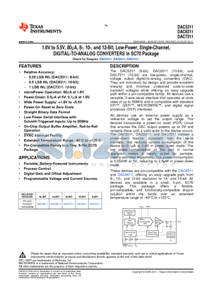 DAC6311 datasheet - 1.8V to 5.5V, 80lA, 8-, 10-, and 12-Bit, Low-Power, Single-Channel, DIGITAL-TO-ANALOG CONVERTERS in SC70 Package